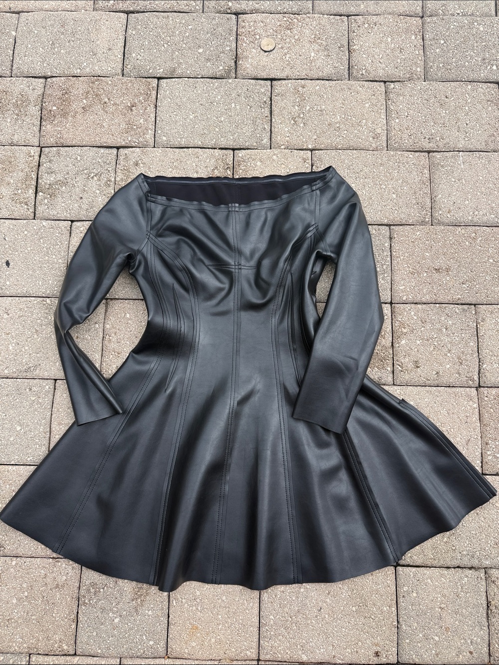 Norma Kamali Black Faux Leather Off-Shoulder Fit & Flare Dress